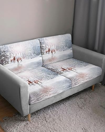 Miniatura 3 de Wowouhiya Fundas de cojín para sofá con alce navideño, funda elástica para sofá con parte inferior elástica, diseño de copos de nieve, árbol de