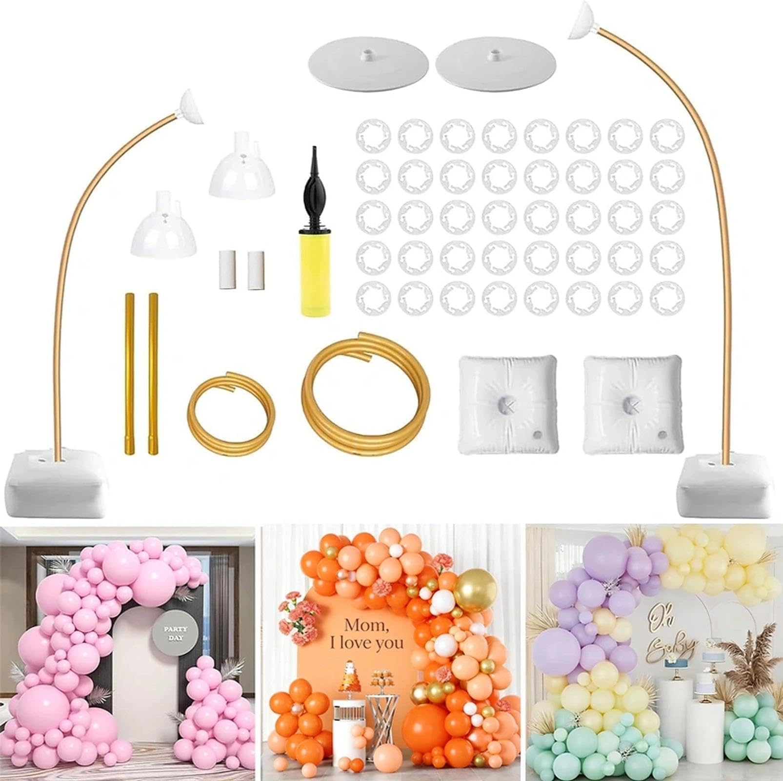 Ballonbogen-Set, 2,5 m + 1,5 m biegbarer Halbbogenständer mit Basis, goldener Ballonbogenständer für Hochzeit, Junggesellinnenabschied, Geburtstag, Babyparty, Garten-Fotohintergrund