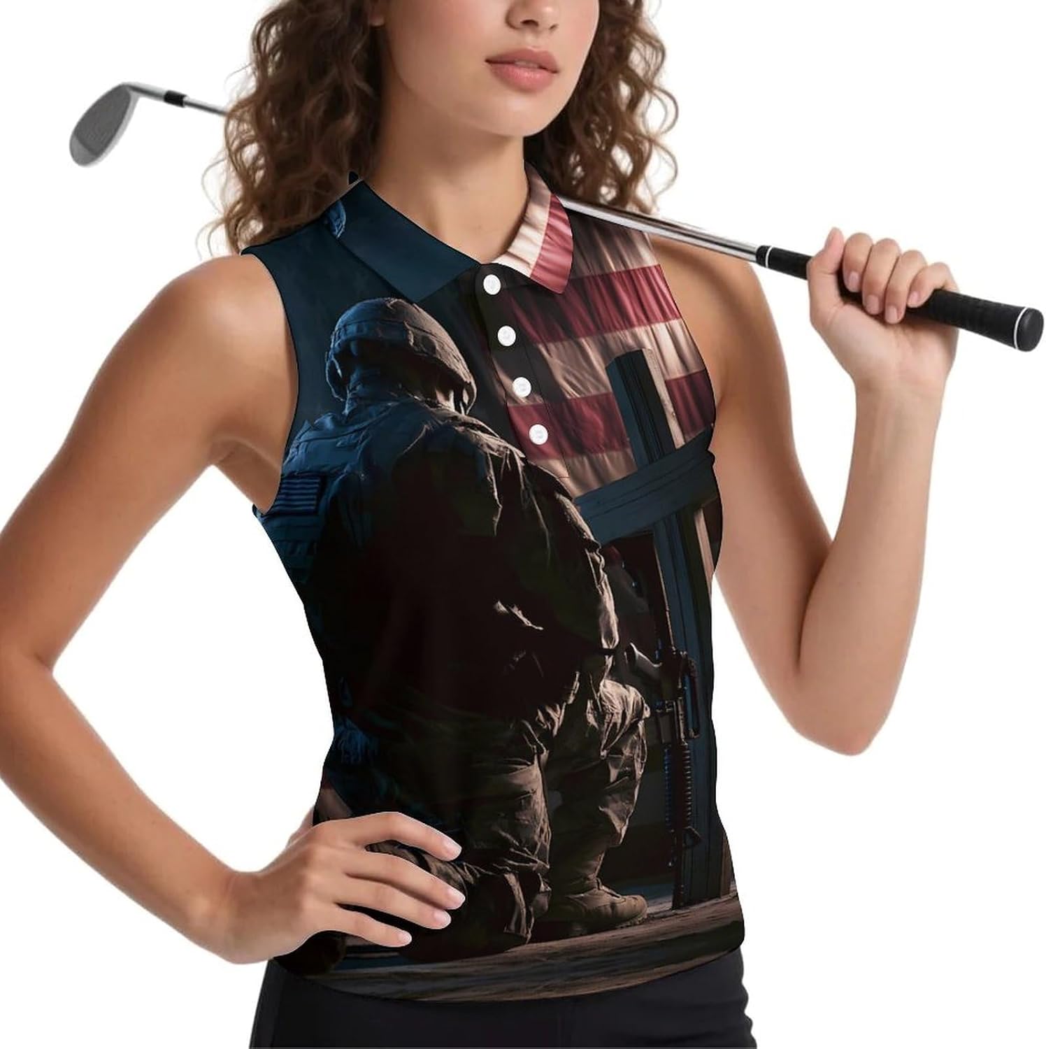 Soldier Cross U.S. Flag Women Sleeveless Collared Golf Polo Shirt | V Neck Tank Top,Breathable Tennis Shirts