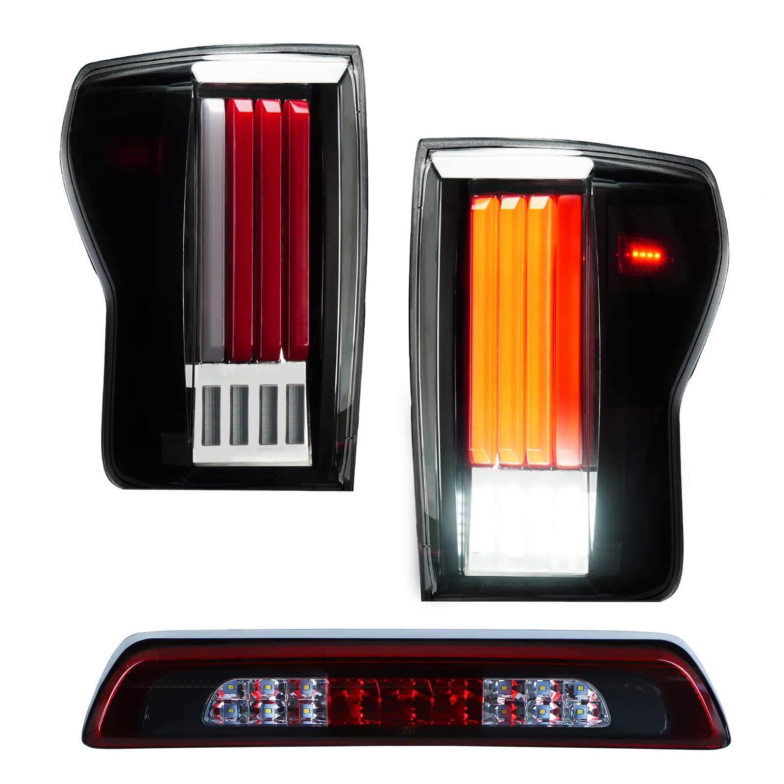 (3 Pack) Tail Lights+3rd Brake Light for 2007-2013 Toyota Tundra [only Incandescent Models], Dynamic Flowing Rear Light Assembly w/o Blind Spot, Chrome Housing Clear & Red Lens