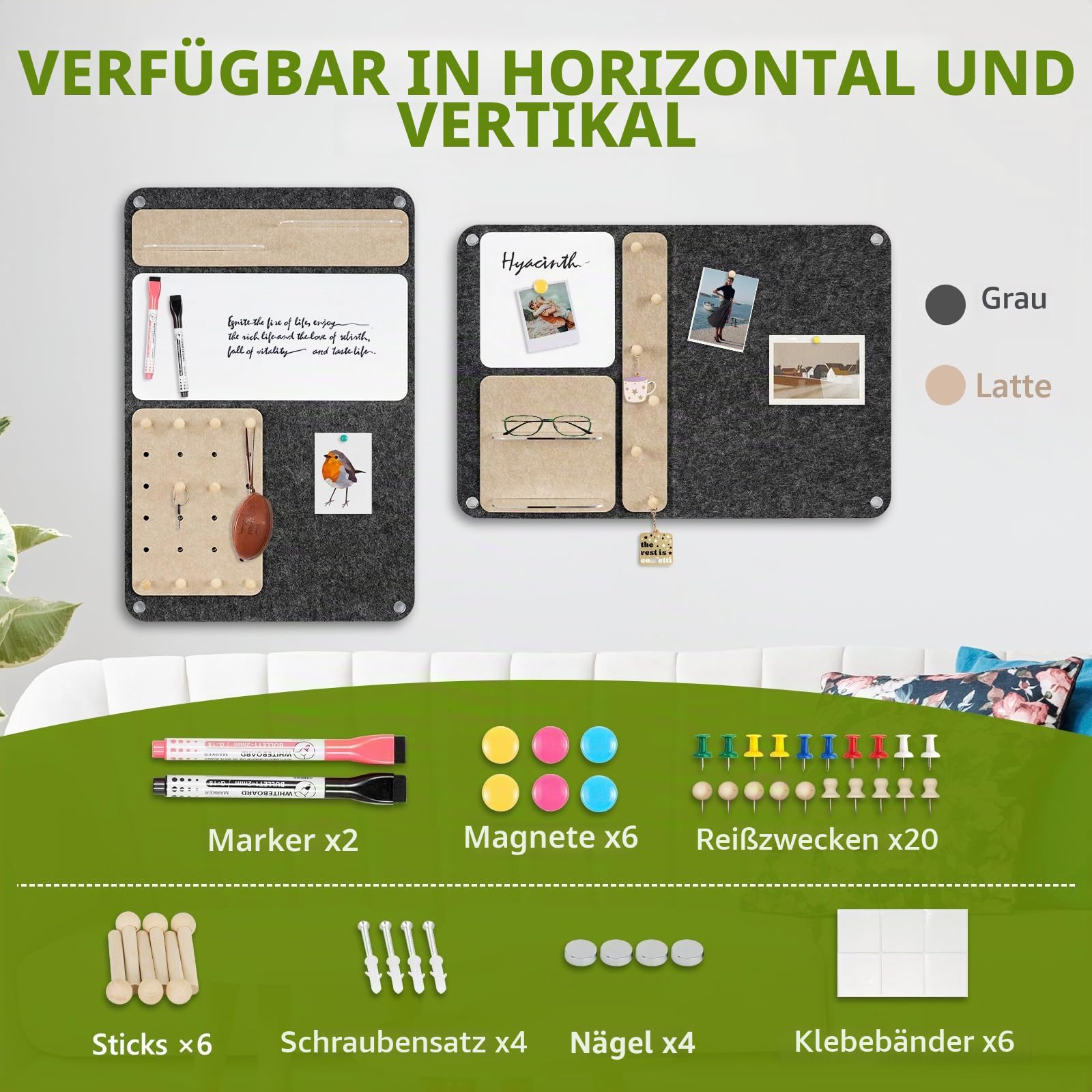 DOLLAR BOSS 3-in-1 faltbare Pinnwand aus Filz, 61 x 40,6 cm, horizontal, Grau | Korktafel, magnetisches Whiteboard mit Acrylregalen, für Zuhause, Büro, Wohnheim, Raumdekoration, mit Pin-Magneten