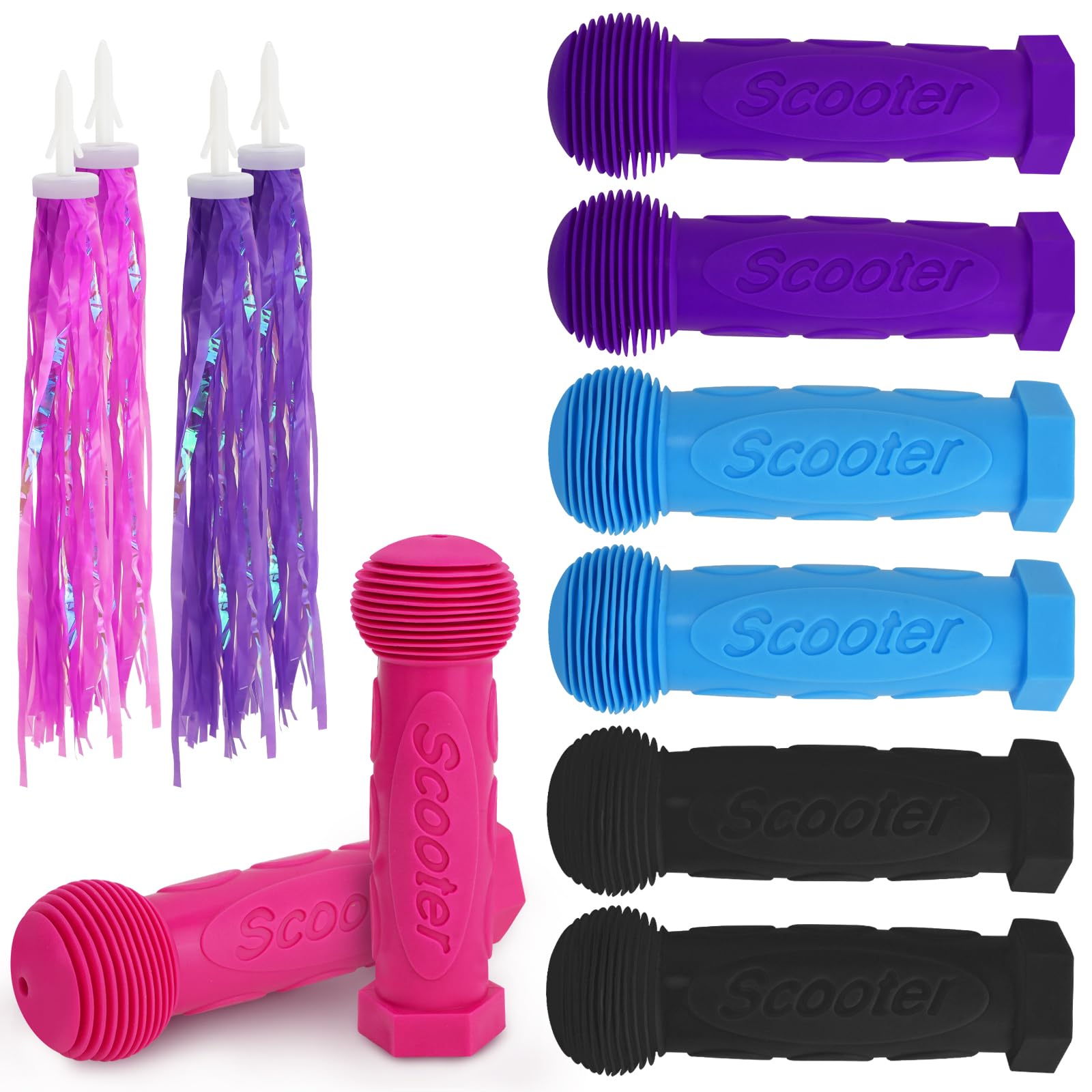 4 Pairs Rubber Bike Grips with 2 Pairs of Streamers, 22mm Non-Slip Handlebar for 2/3/4 Wheels, Kid Kick Scooter and Kid Triple Bike (4 Colors)