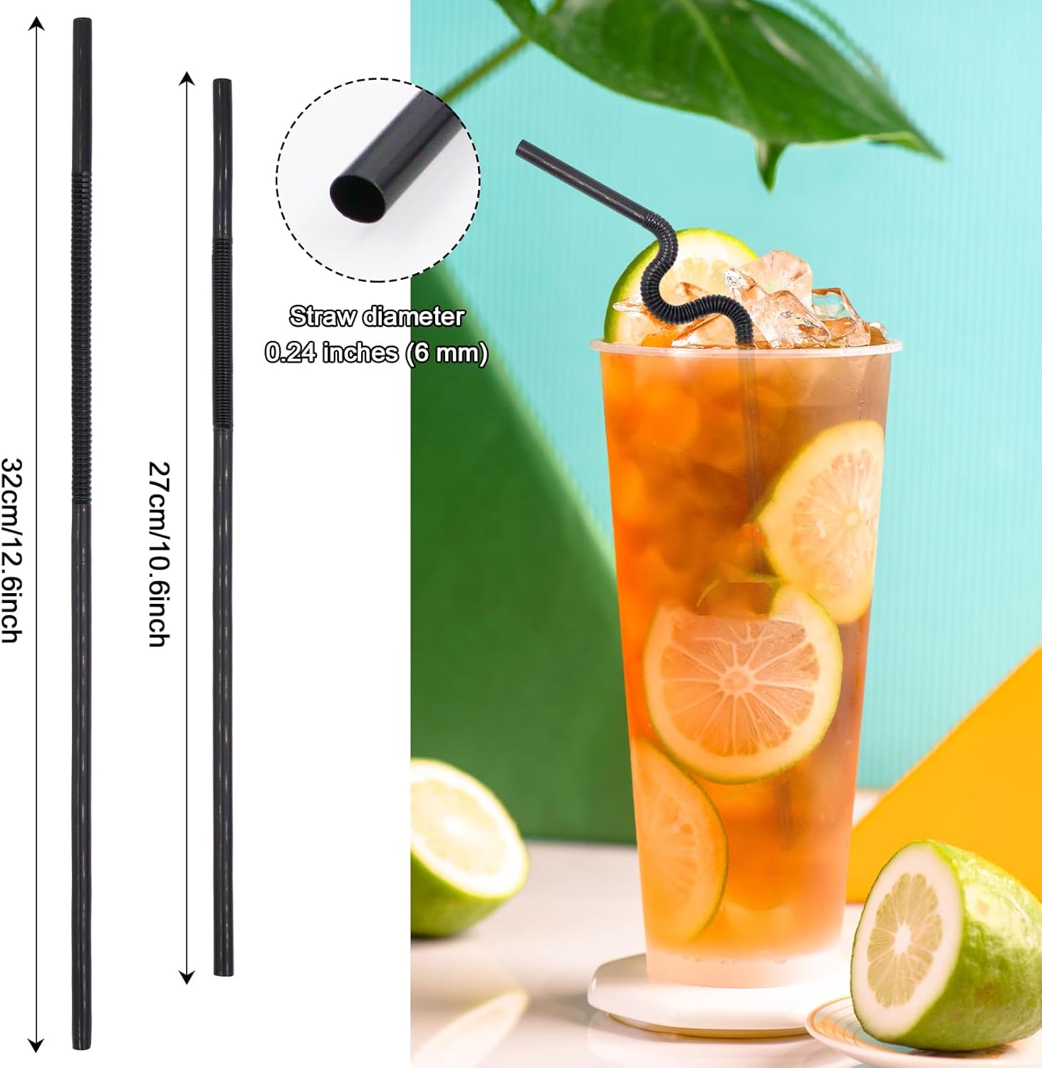 600 PCS Individually Wrapped Extra Long Bendable Drinking Straws, Disposable Black Bendy Plastic Straws 12.8in Long, 0.2in Diameter BPA Free for Juice Soda Milkshakes Restaurants and Parties