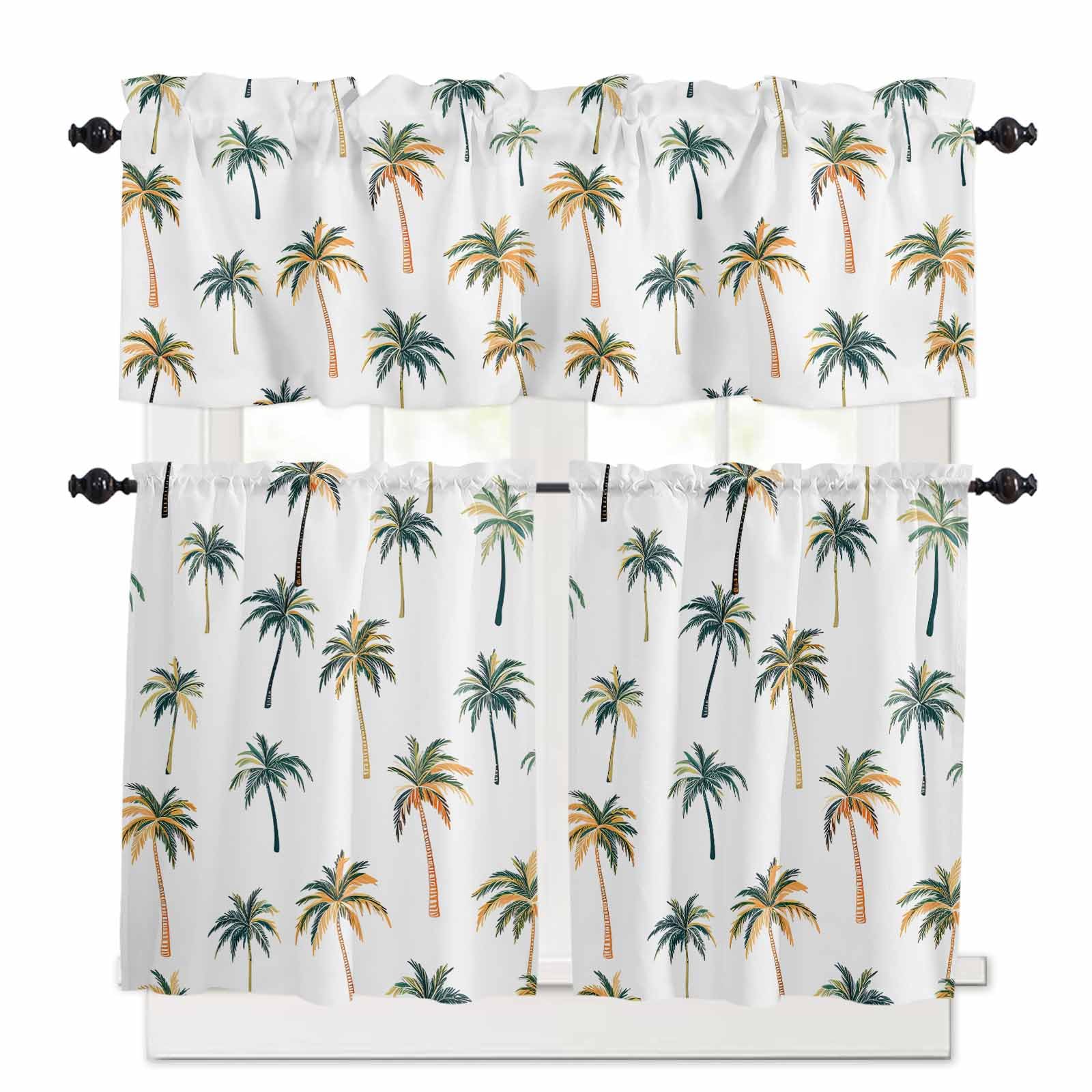 Palm Trees Kitchen Curtains 36 Inch Length, 3 Piece Rod Pocket Small Half Tiers and Valance Set, Watercolor Tropical Summer Botanical Small Large Window Treatment Decor for Bedroom/Bathroom Sink