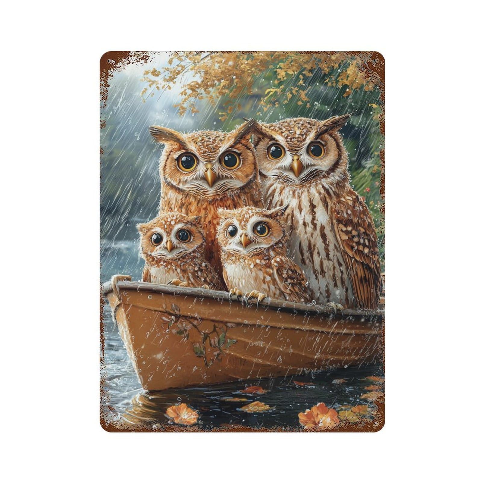 Rainy Day Owls Boat Distressed Metal Wall Sign 15.7"x11.8", Ideal for Cafe, Home Bar And Lounge Decor