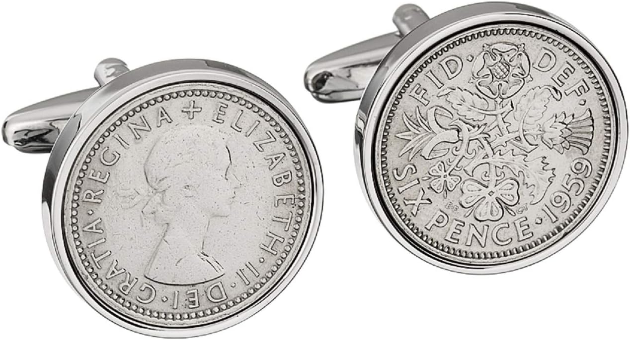 Cufflinks Rhodium Plated 1959 English Sixpence Cufflinks 1959 Birthday