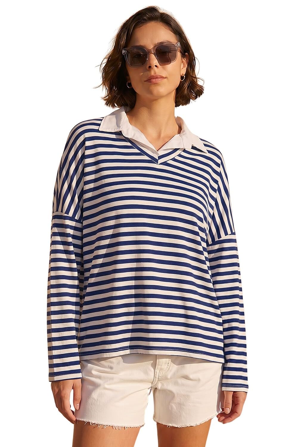 Roman Originals Women's Navy Stripe Mock Shirt Top For Uk - Everyday Holiday Spring Summer Shirt Style Collar Comfy Soft Evening Vacation Work Party - Size L