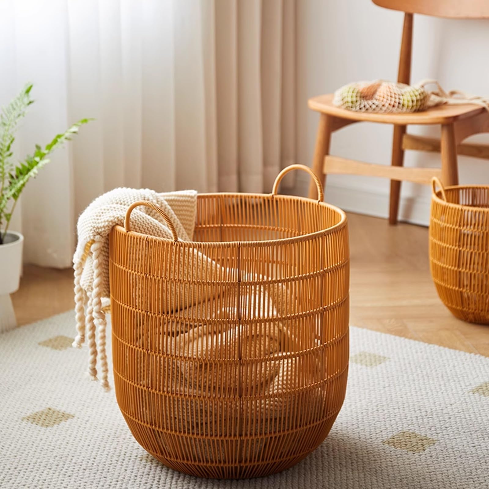 Wäschekorb Geflochten Rund, Wäschesortierer Aufbewahrungskorb für Schlafgemach, Runder Korb mit Henkel, für Waschküche Schlafzimmer Badezimmer(D34*H40cm)