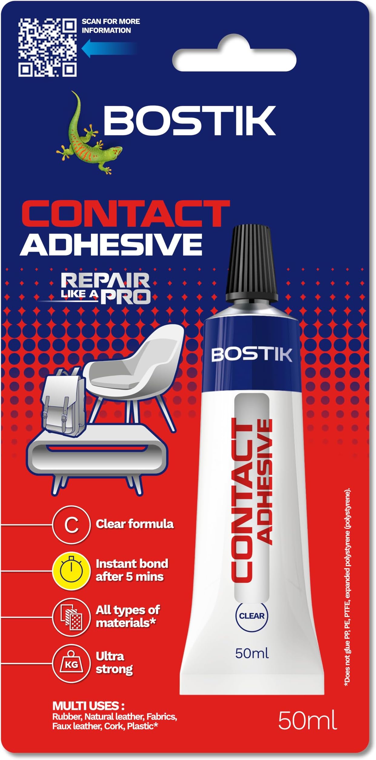 Contact Adhesive, Instant Bond, Quick Drying, Ultra Strong Glue, Water Resistant, Ideal for DIY Jobs and Household Repairs, Clear, 50ml Tube