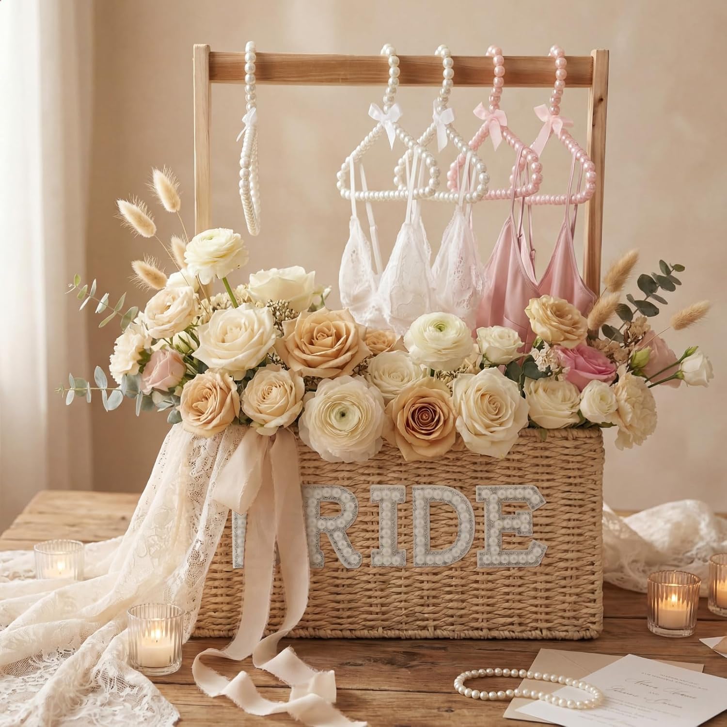Hoolerry Rattan Bridal Gift Basket with 6 Pearl Hangers Bachelorette Party Bride Gift Basket Gifts for Wedding Box Closet for Women Just Married Engagement Wedding Stuff Presents Her Wifey Future Mrs