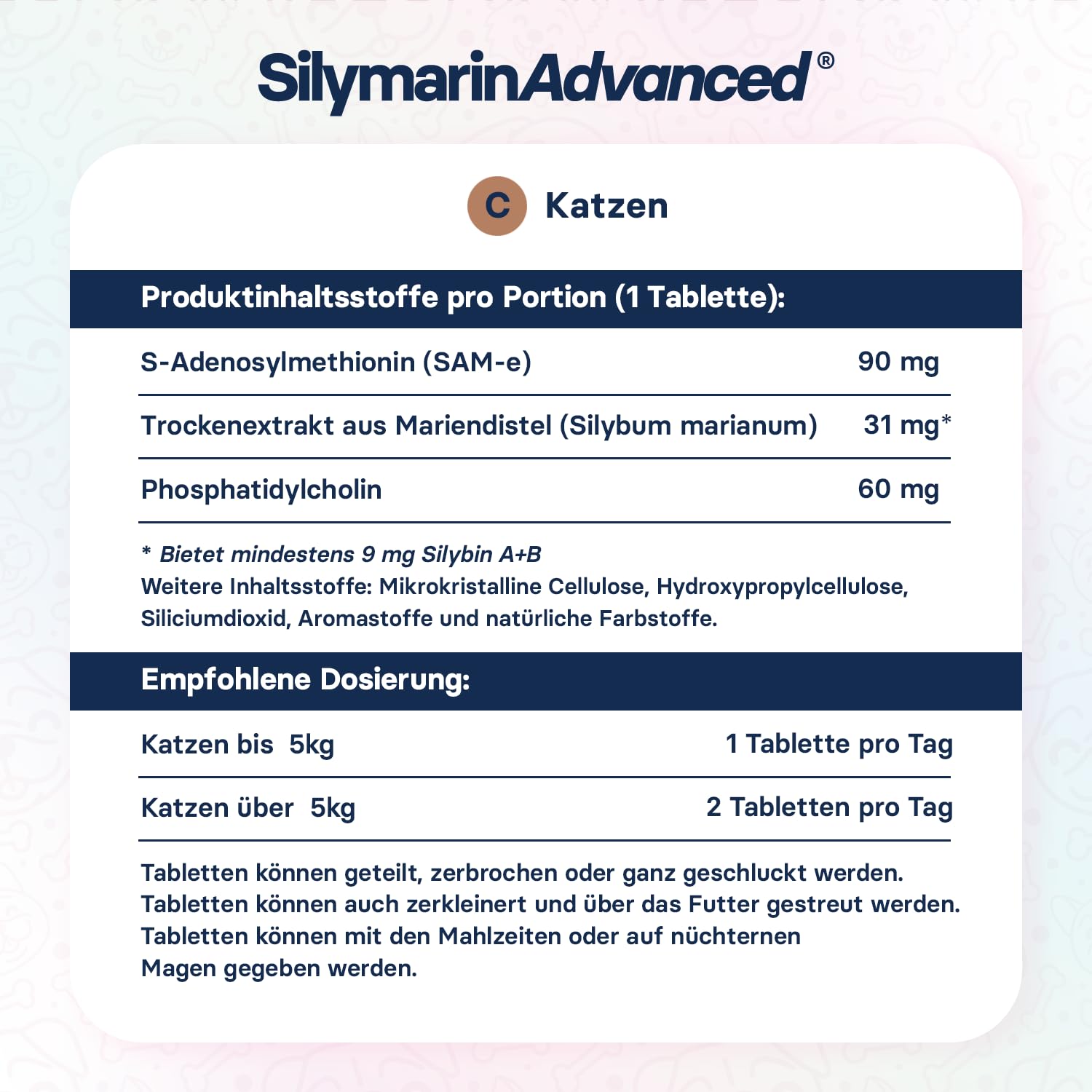 Lebergesundheits-Supplement für Katzen – Mariendistel Supplement für die Leber-Detox – Katzen-Supplemente mit S-Adenosylmethionin (Same) und Silybin – 30 Tabletten