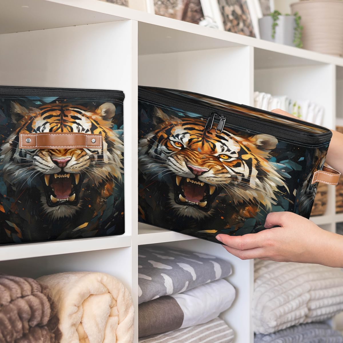 Storage Bin Set of 2 Wild Tiger Storage Basket with Zipper Lid & Handle Foldable Closet Shelf 2 Pack Cloth Organizer Basket Cube Bins Clothes Organizer for Bedroom, Nursery