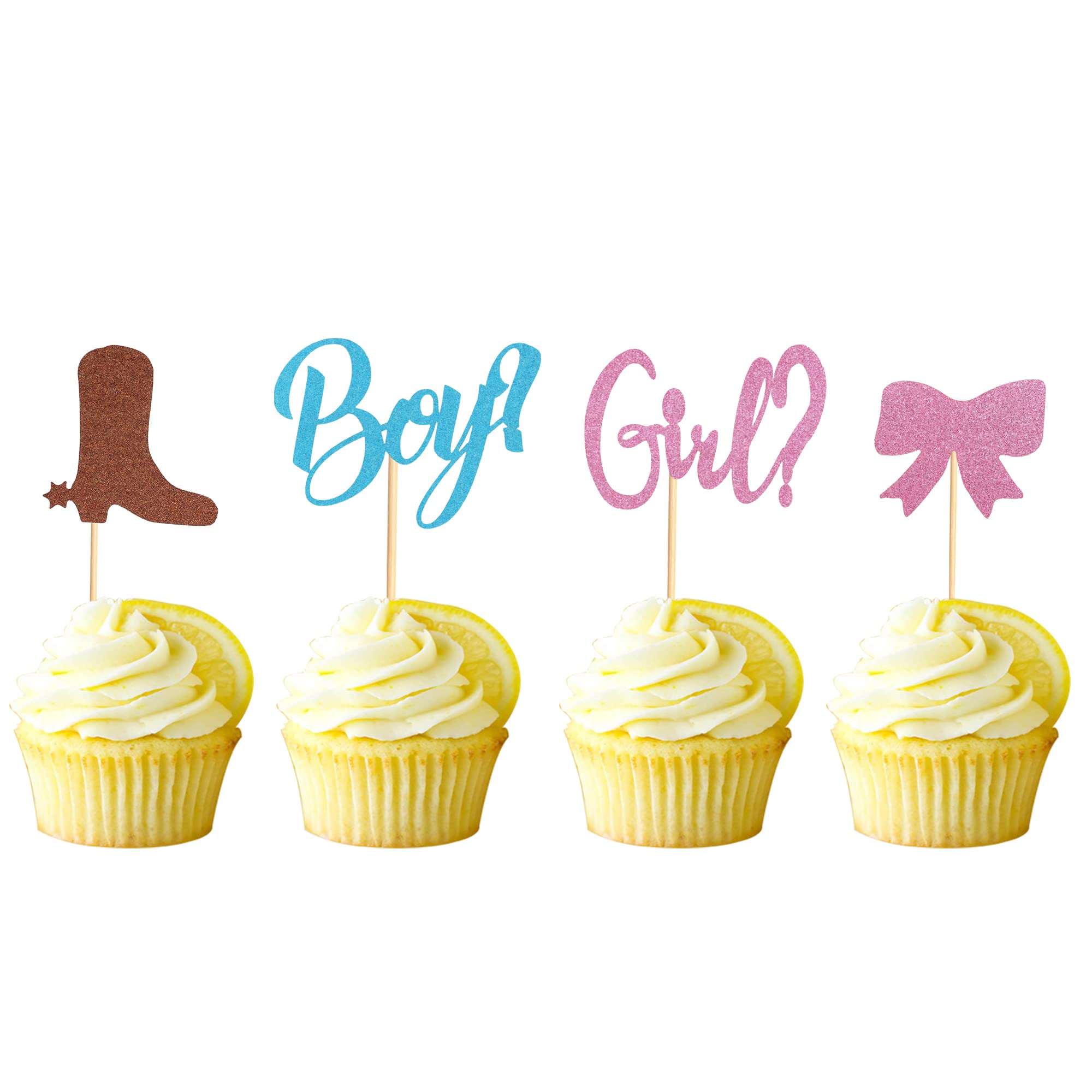 Arthsdite 48pcs Boy or Girl Cupcake Toppers Boots or Bows Gender Reveal Cupcake Picks Baby Shower Cake Topper Decorations for Kids Birthday Party Cake