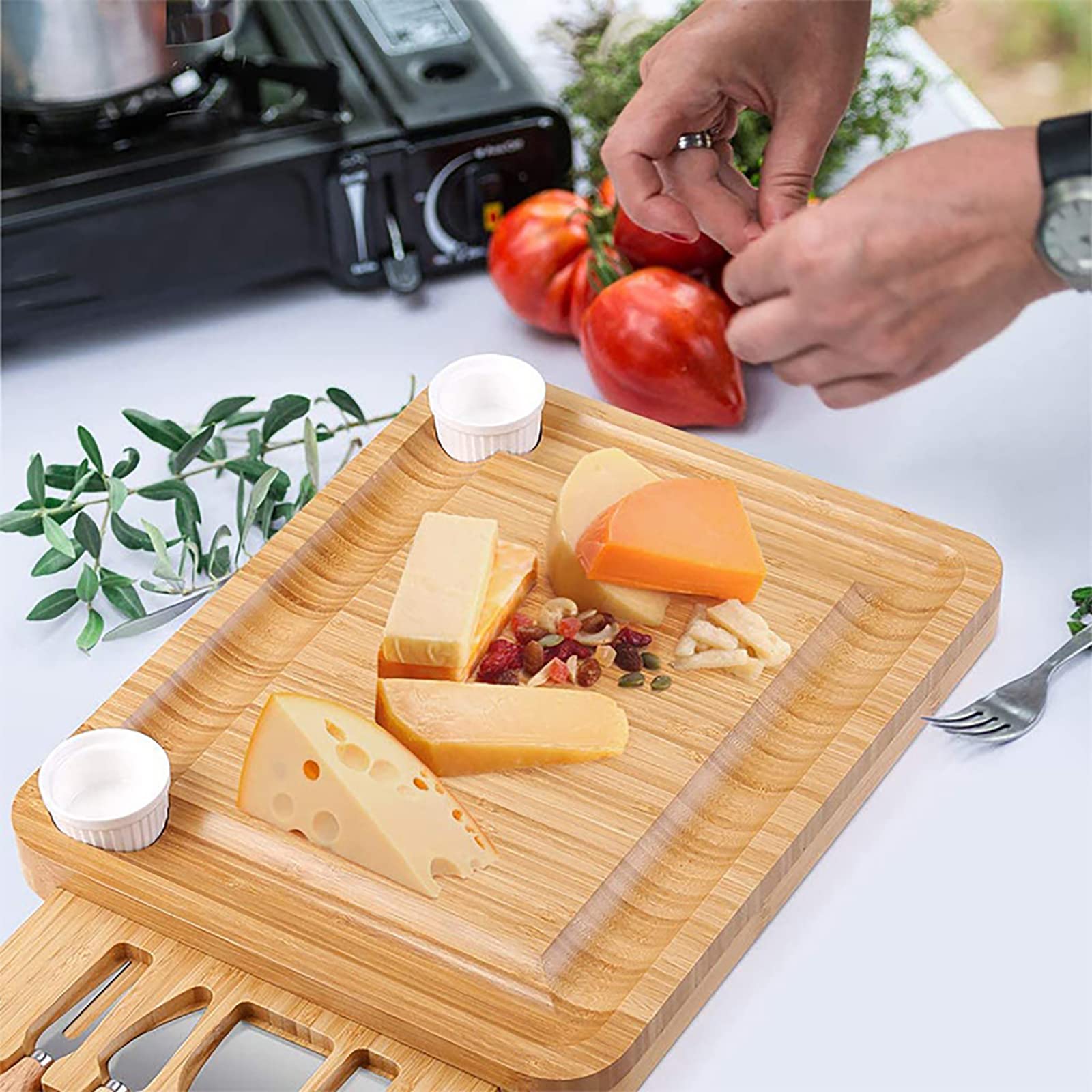 Plateau À Fromage Double En Bambou Unique, Coffret Cadeau Plateau À Fromage Avec 2 Compartiments Intégrés, Extrêmement Durable Et Sans Gâchis, Idéal Pour Les Anniversaires, Les Cadeaux De Mariage