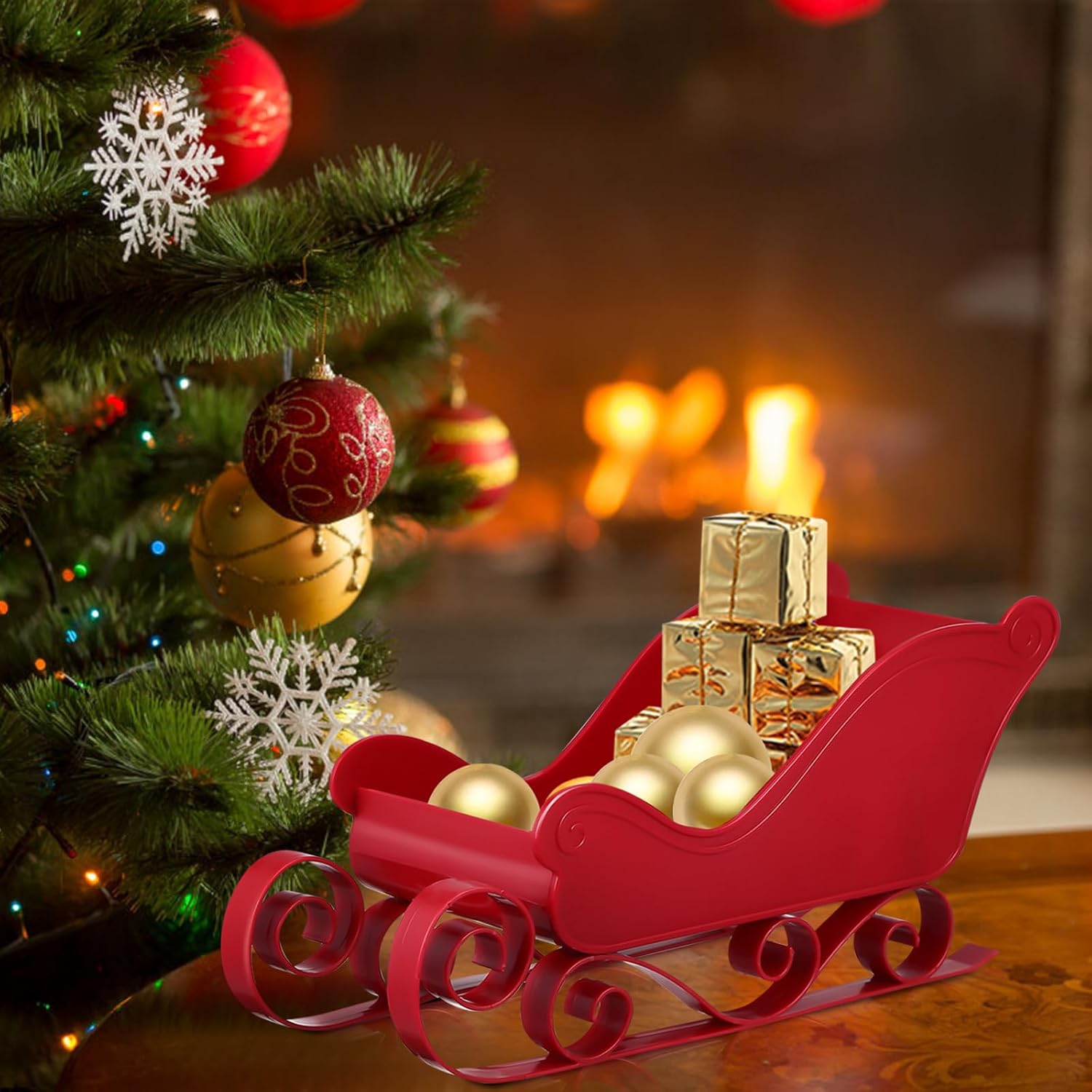 TOYANDONA Tabletop Christmas Sleigh Decorations - 2pcs Small Christmas Sled Decor Plastic Santa Sleigh for Xmas Party Decor Tabletop Centerpiece, Red