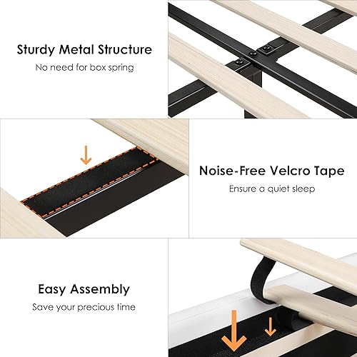 Miniatura 15 de Moderno armazón de cama tapizado de piel sintética con cabecera de decoración de metal, soporte de tablillas de madera, no necesita box spring,