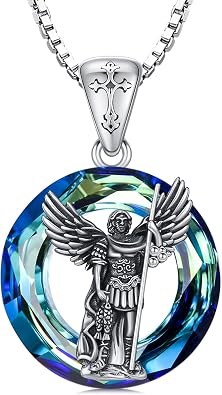 Religion Necklace 925 Sterling Silver Blue Crystal Protect Us Pendant Catholic Amulet Religious Protection Jewelry Gifts for Women Mom