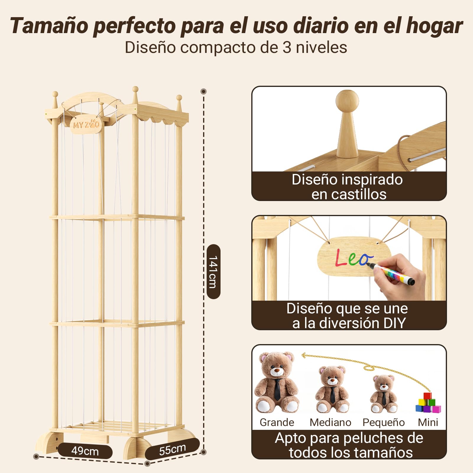 COSYLAND Organizador Peluches - Almacenaje Juguetes para Niños, Ahorrar Espacio Guarda Juguetes Infantil, Gran Capacidad Baúl para Sala de Juegos, Natural (Castillo sin Cuerda Colgante)