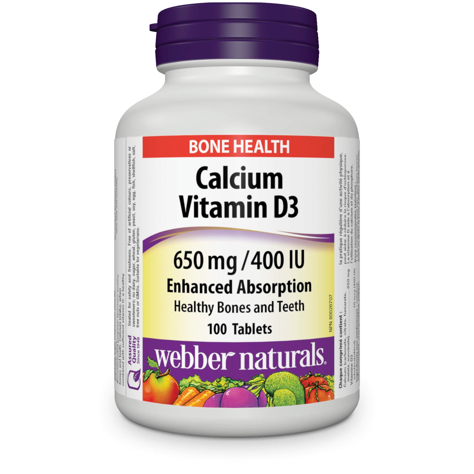 Webber Naturals Calcium with Vitamin D3, Enhanced Absorption, Tablet, 650 mg, 400 IU, 100 Count