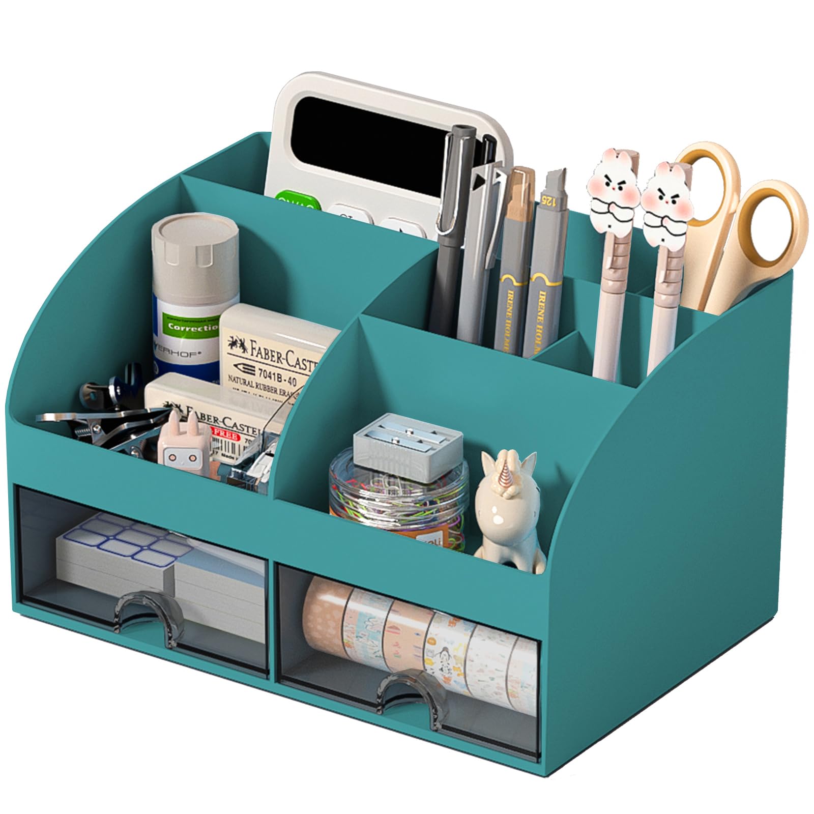 COMFYROOM Desk Organizer with 6 Compartments and 2 Drawers, Plastic Makeup Organizer, Pen Holder for Desktop Storage, Dark Green