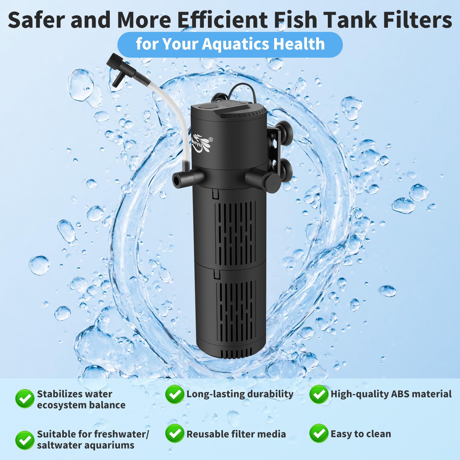 Aquarium Filter, Fish Tank Filter 4-in-1 for 15-40 Gallon Tanks, Submersible Internal Filter with Wave-Maker, Oxygenation & Adjustable Air Flow for Freshwater/Saltwater/Turtle Tanks (8W)