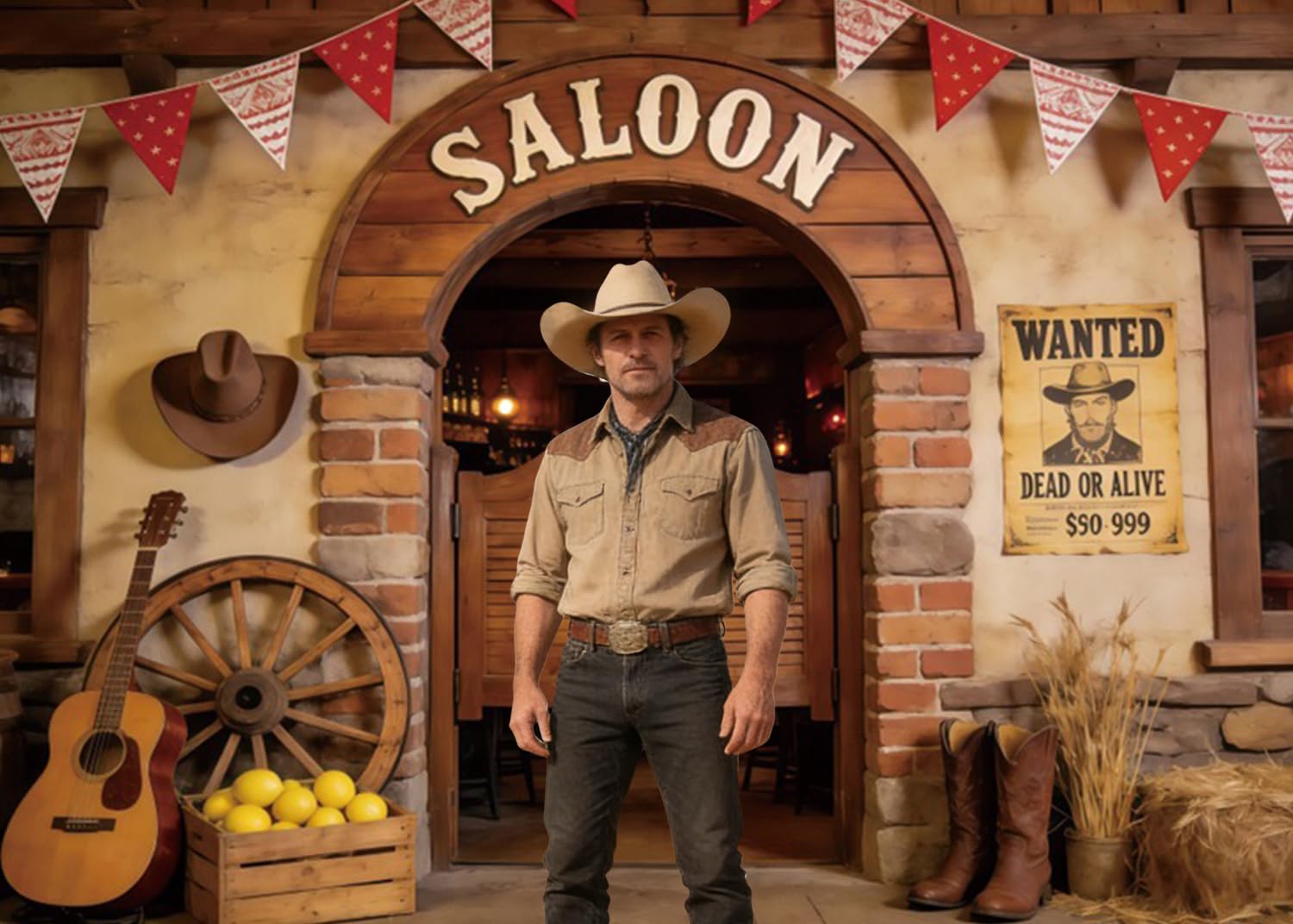 3 x 2,5 m Wild West Saloon wejście tło Wanted Poster Kowboy rekwizyty drewniany łuk koło samochodu dekoracja frontier salon tematyczny studio fotograficzne rekwizyty