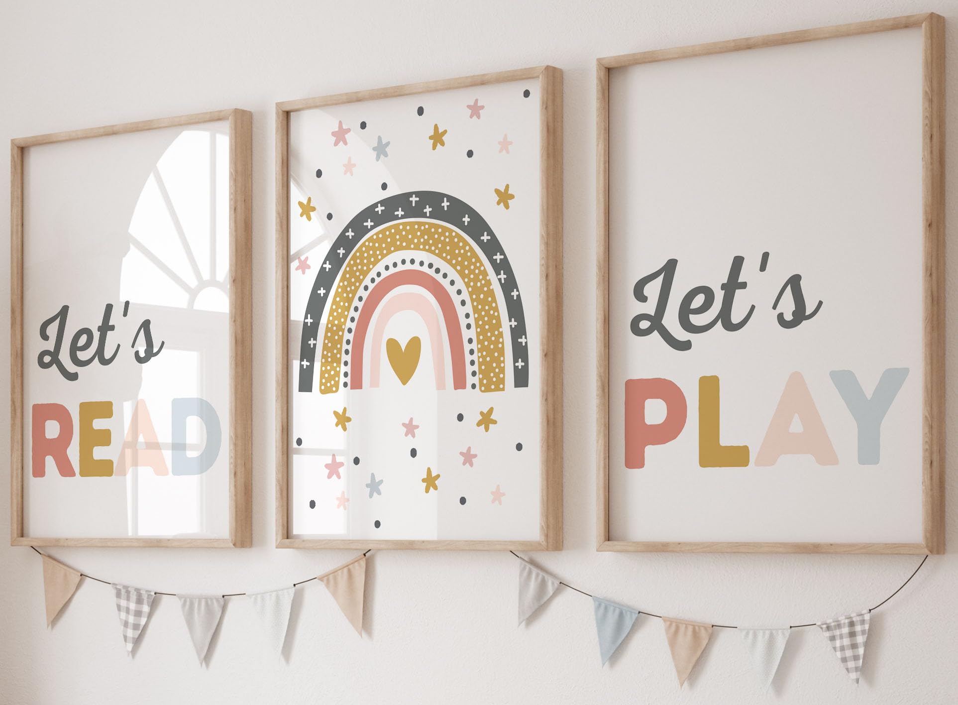 Rainbow Set of 3 Unframed Prints, Girls Boys Nursery Decor Wall Art, Playroom Poster, Bedroom Prints, Lets Read Lets Play Stars (A3)