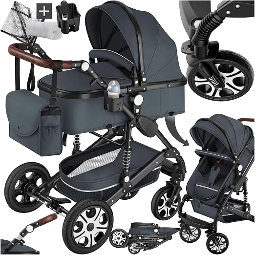 tectake Poussette Combinée Évolutive 2 en 1 avec Nacelle Amovible et Pack Accessoires Complet
