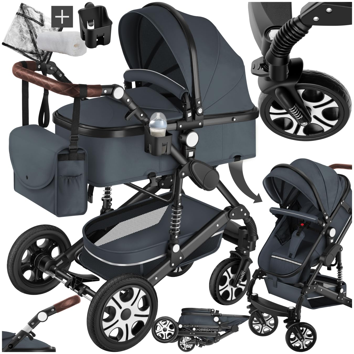 tectake® 2 in 1 Kinderwagen, klappbarer Kinderwagen Buggy mit Liegefunktion, Fußsack, Getränkehalter, herausnehmbarer Babywanne und Regenschutz - Anthrazit
