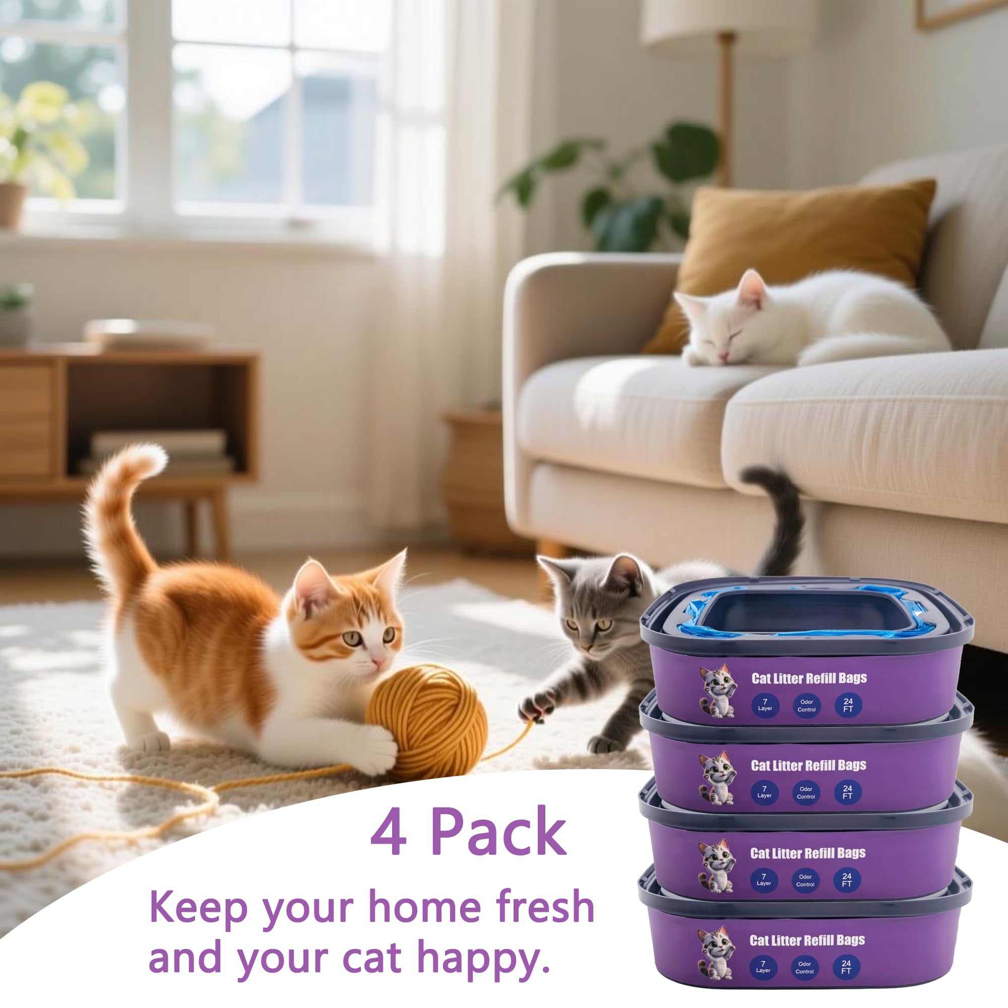 Nachfüllbeutel für Katzenstreu, kompatibel mit Genie Cat Standard, Plus und XL+ Eimern, 4 Stück (lila)