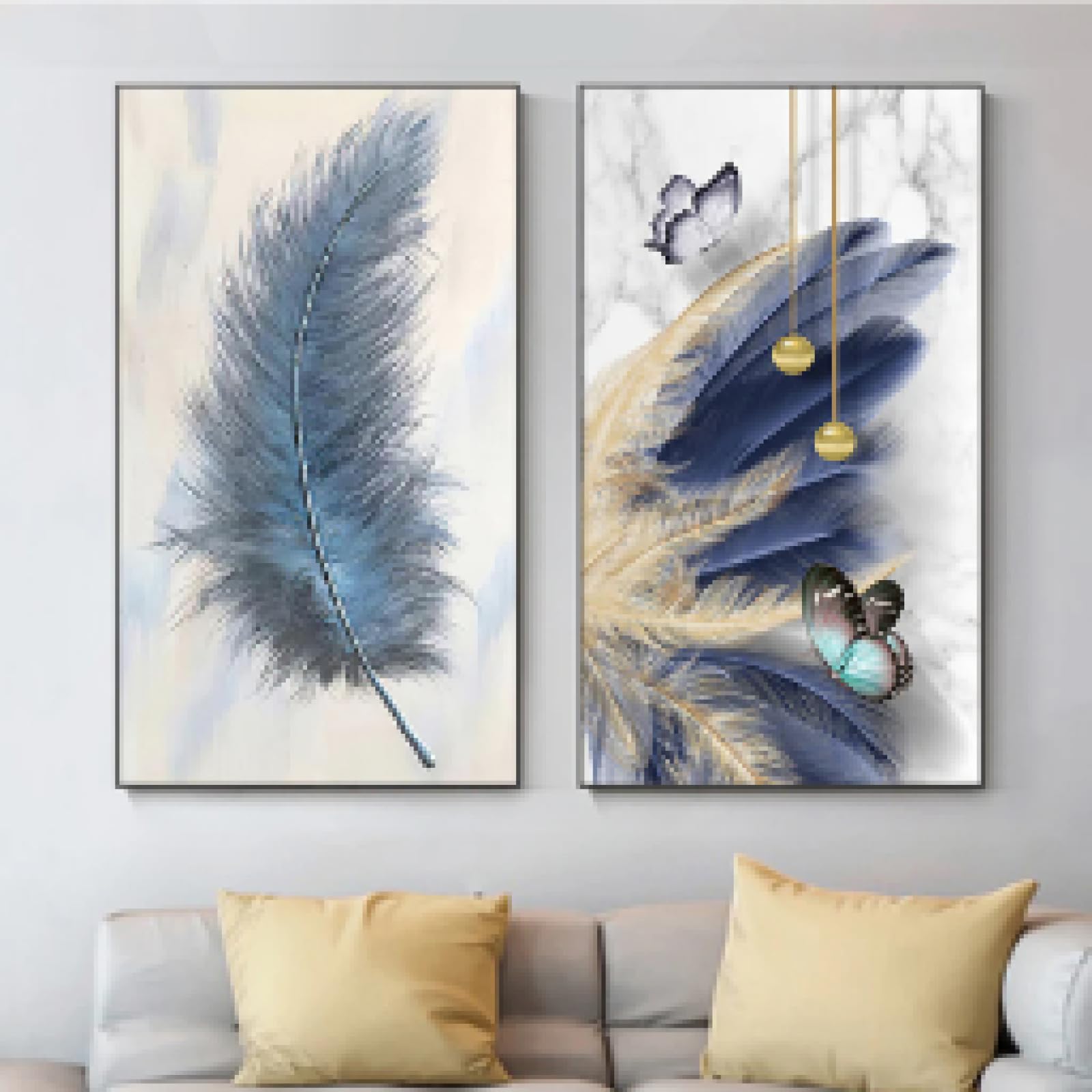 CHAOJIART Abstract Blue Feather Canvas Painting Picture Nordic Posters and Prints Wall Art for Living Room Cuadros Home Decoration 30x60cm(12x24inch) x2 Frameless