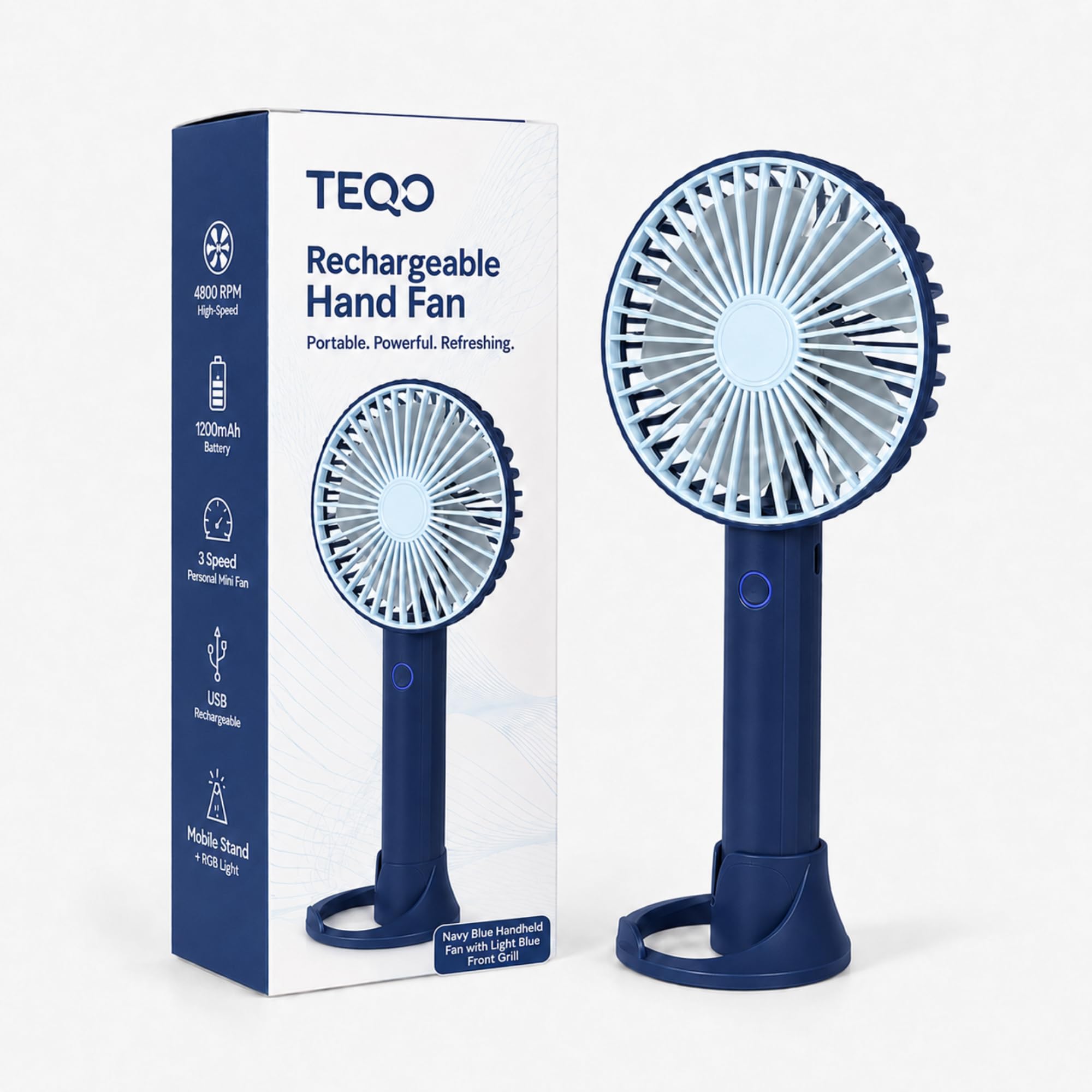 TEQO by MZ Hand Fan Rechargeable High Speed With Mobile Stand | 5200 RPM, 1200mAh Battery, Up to 6H Runtime, 3 Speed Modes & Indicator | Travel, Makeup, Kitchen,Women’s Personal Fan USB fan-Blue-image-15