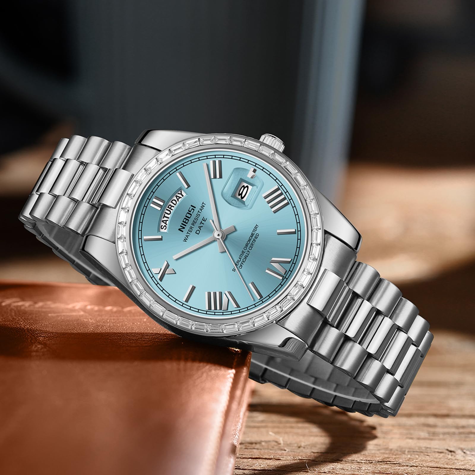 NIBOSI Men's Watches Analog Quartz Diamond Bezel Stainless Steel Dial Rose Gold Silver Watches for Men Waterproof Business Classic Dress Wrist Watch with Day Date