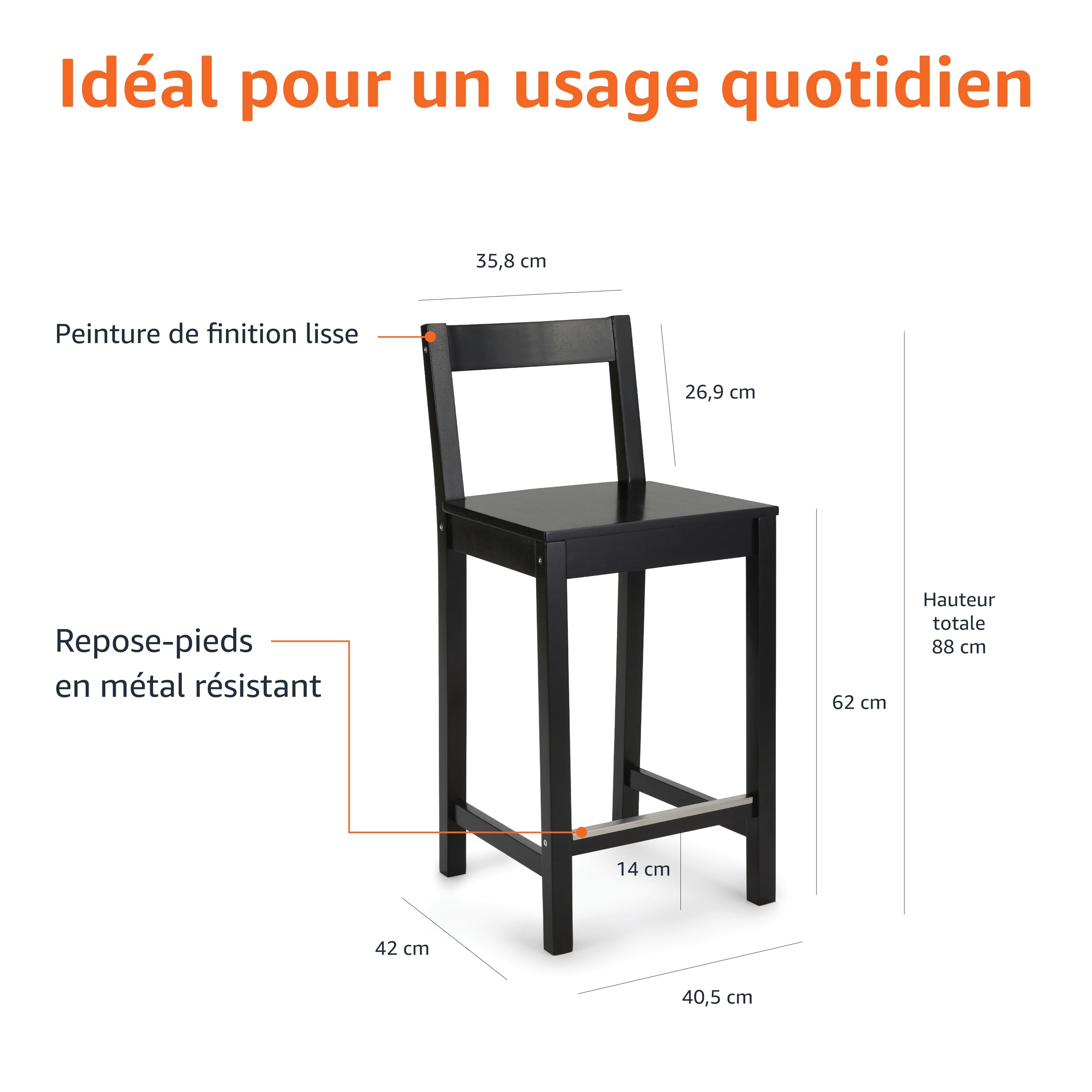 Amazon Basics Lot de 2 tabourets de comptoir de cuisine en bois noir avec un dossier, tabouret de bar et de salle à manger, montage facile, moderne, 88 cm de haut