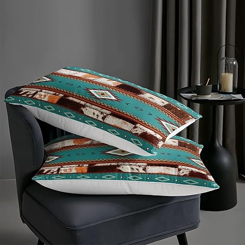 Miniatura 6 de AILONEN Juego de edredón con textura de pelo de vaca blanco y marrón, tamaño Queen, juego de ropa de cama con patrón geométrico étnico de piel de