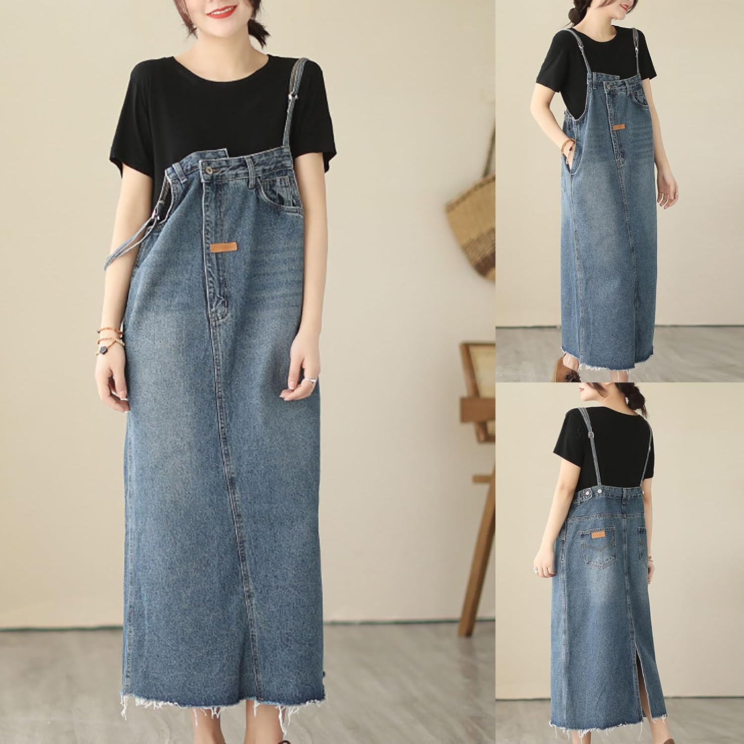 HGps8w Women Casual Suspender Denim Skirt Distressed Loose Overall A Line Long Pinafore Jean Dress with Pockets