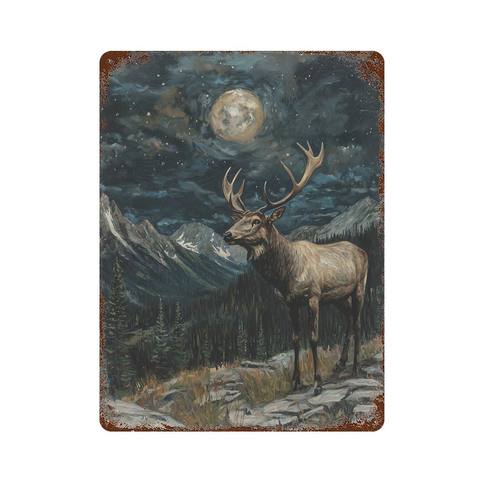 Elk Under Moonlight Vintage Wall Sign 15.7"x11.8", Rust Effect Metal Decor for Office, Studio And Wall Decor