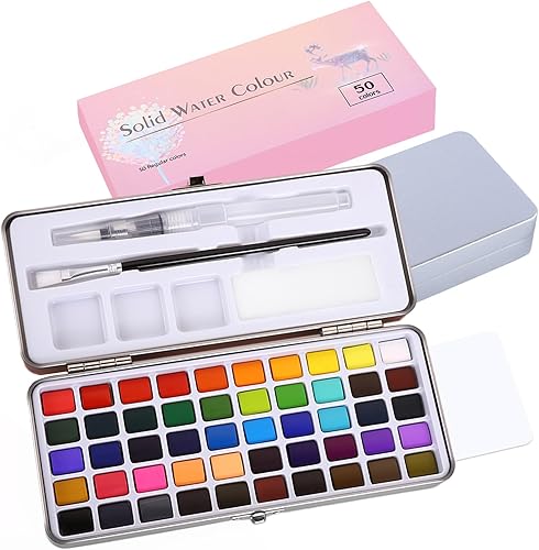 VAMOSEEHI Juego de acuarela para adultos, kit de acuarela para pintar sobre la marcha, 50 colores, 1 pincel de agua, 1 brocha de pintura, 1 esponja,