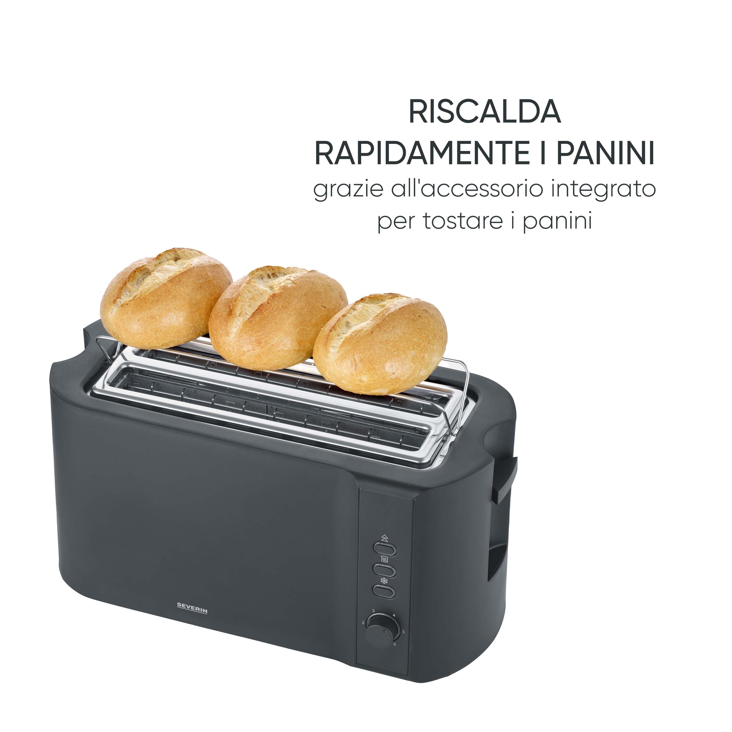 Severin Tostapane a Fessura Lunga per 4 Fette, Scaldapanini Integrato, 1400W, Centratura Automatica delle Fette, Funzione Scongelamento e Riscaldamento, Nero Opaco, AT 2591