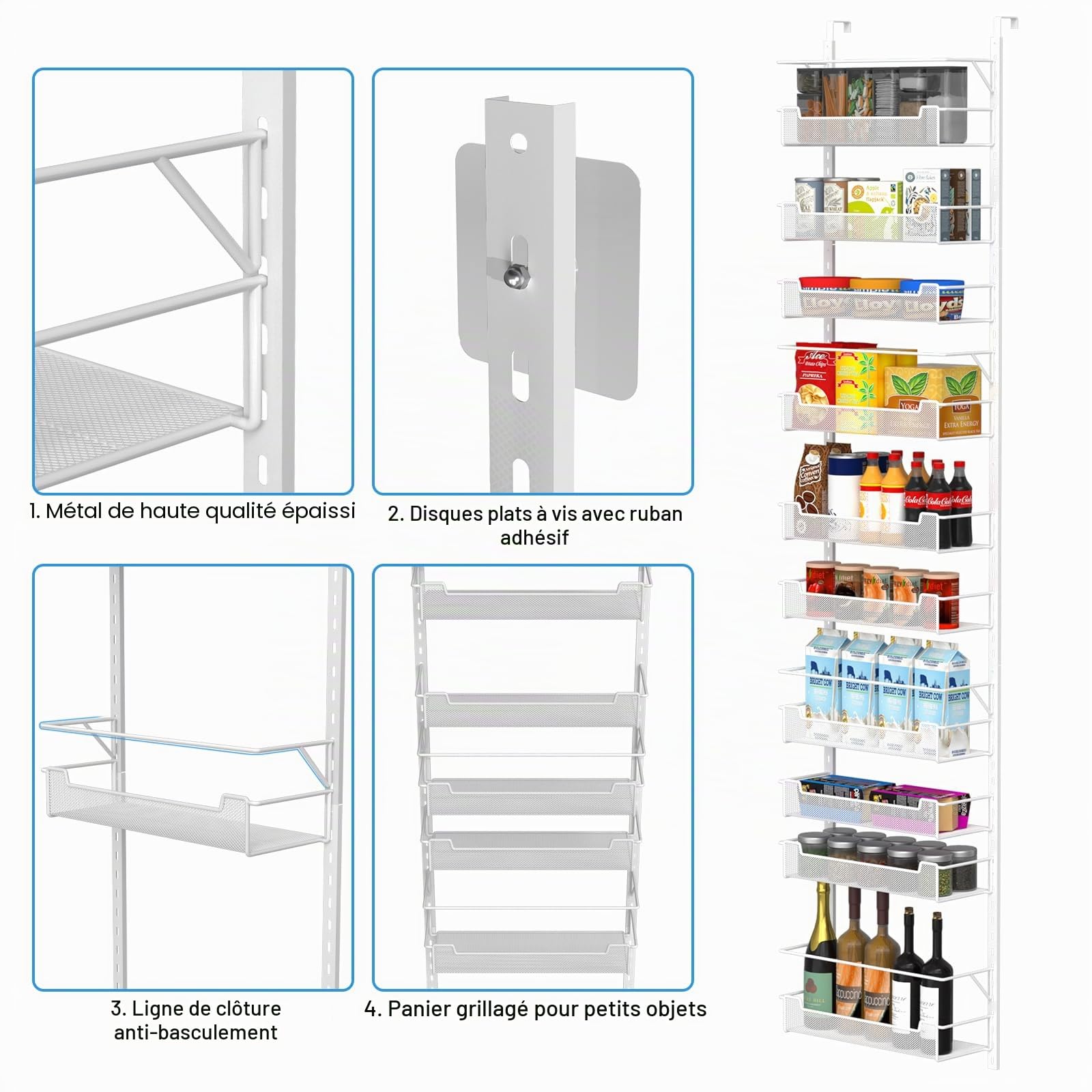 VyGrow Rangement au-dessus de la porte, 10 niveaux de rangement au-dessus de la porte avec panier réglable pour garde-manger, cuisine, salle de rangement, étagère à épices, blanc