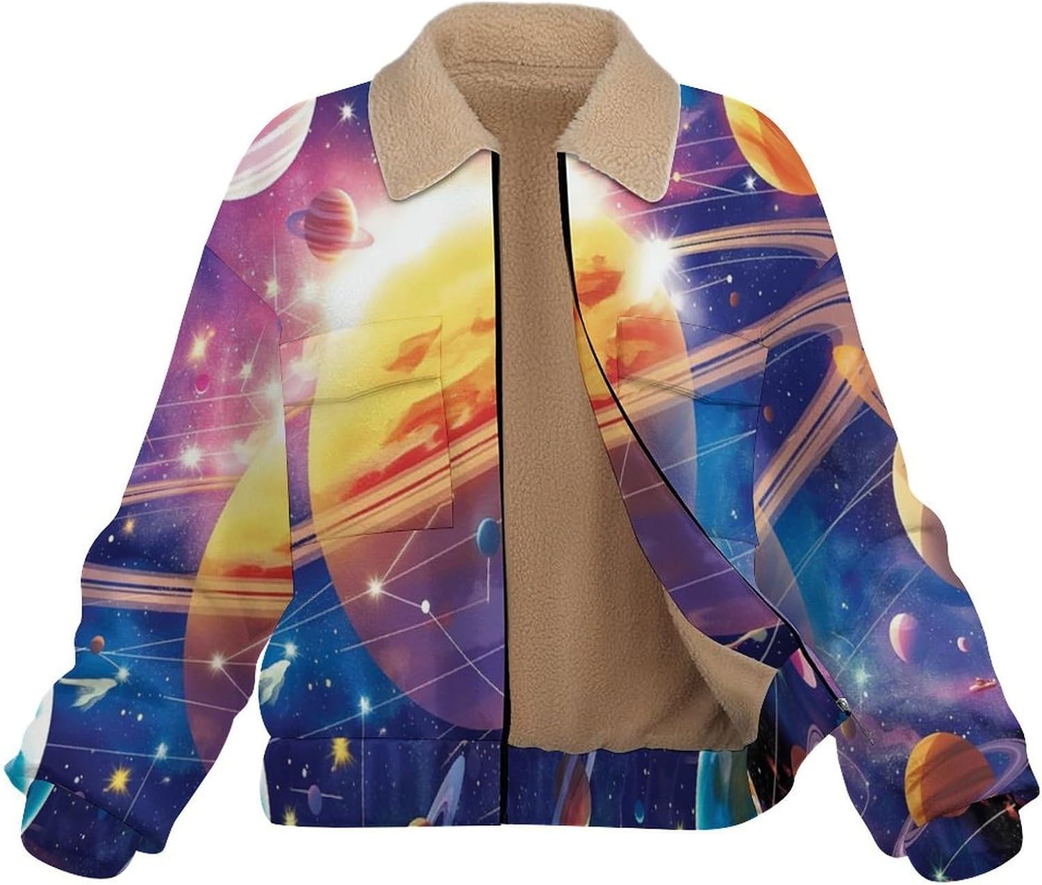 Women's Full Zip Soft Polar Fleece Jacket, Planets Sun Printed Outdoor Recreation Coat, Long Sleeve Outerwear