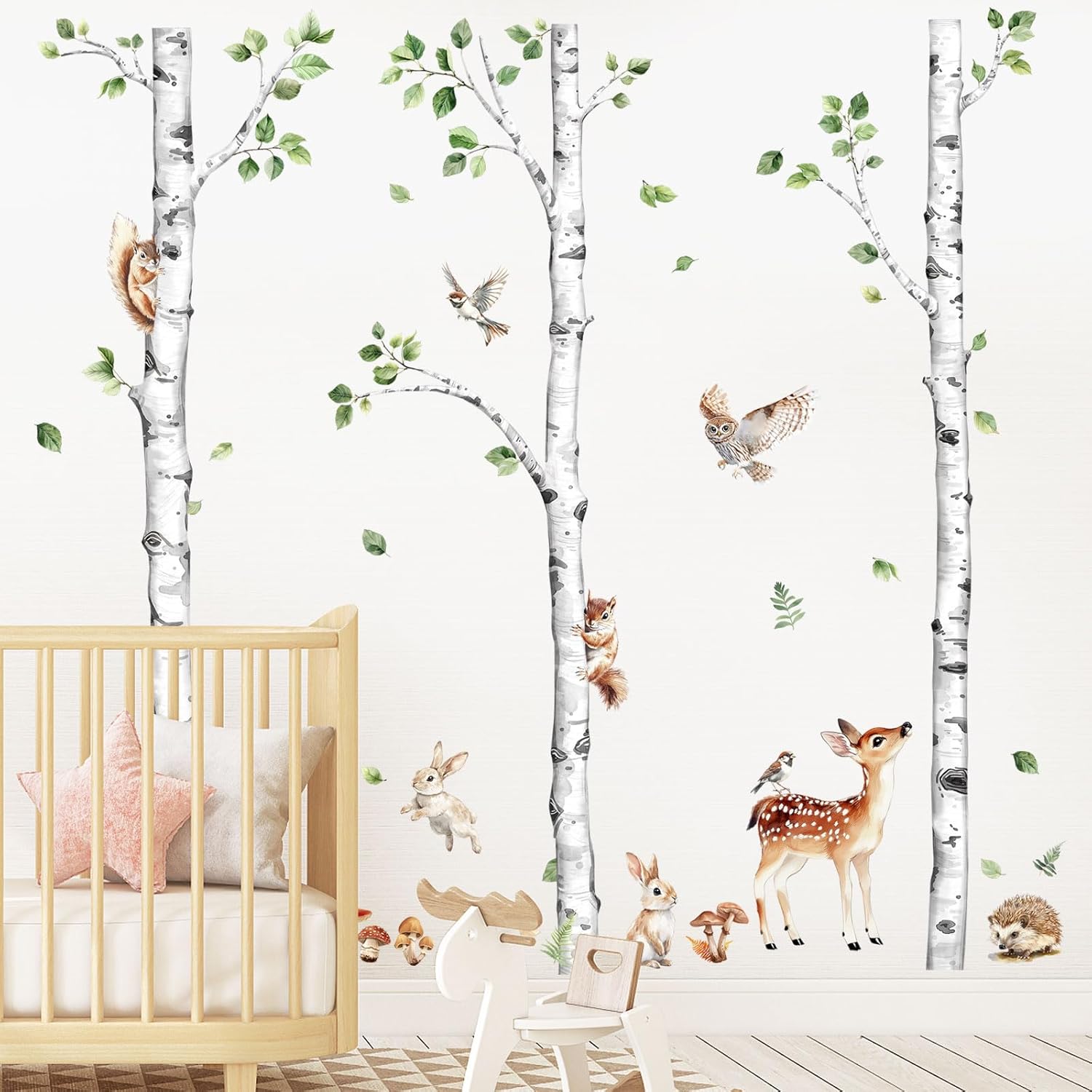 Large Birch Tree Wall Decals, Forest Animal Wall Stickers Deer Rabbit Squirrel Owl Peel and Stick Wall Decal Waterproof Wall Art Sticker for Baby Nursery Kids Room Home Decor (H: 60.2 in)