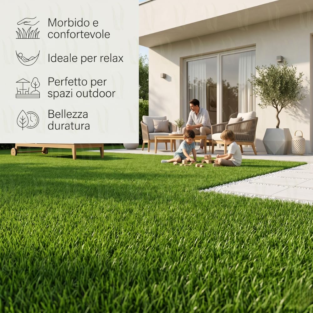 Prato Sintetico Drenante 25 mm Effetto Realistico, Erba Finta in Rotolo per Giardino, Terrazzo e Balconi, PE Verde Naturale UV, Zero Manutenzione e Pet Friendly (2 x 25 m (50 m²))