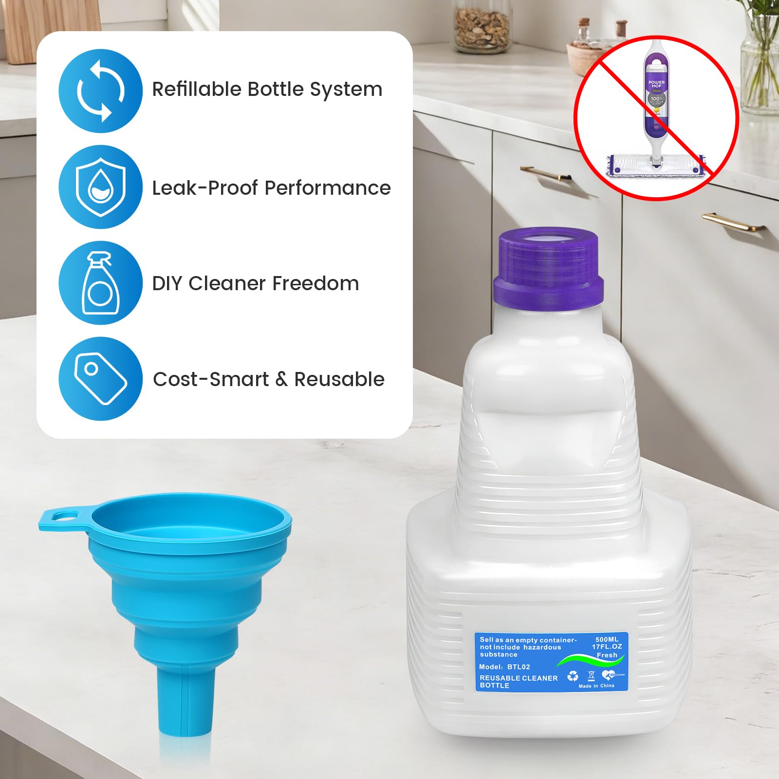 Butelka wielokrotnego napełniania do mopa Swiffer Wet Jet 500 ml / 17 FL OZ, szczelna, HDPE, pusta butelka do czyszczenia z 10 silikonowymi uszczelkami i 1 lejkiem, pielęgnacja drewna i bezpieczna dla