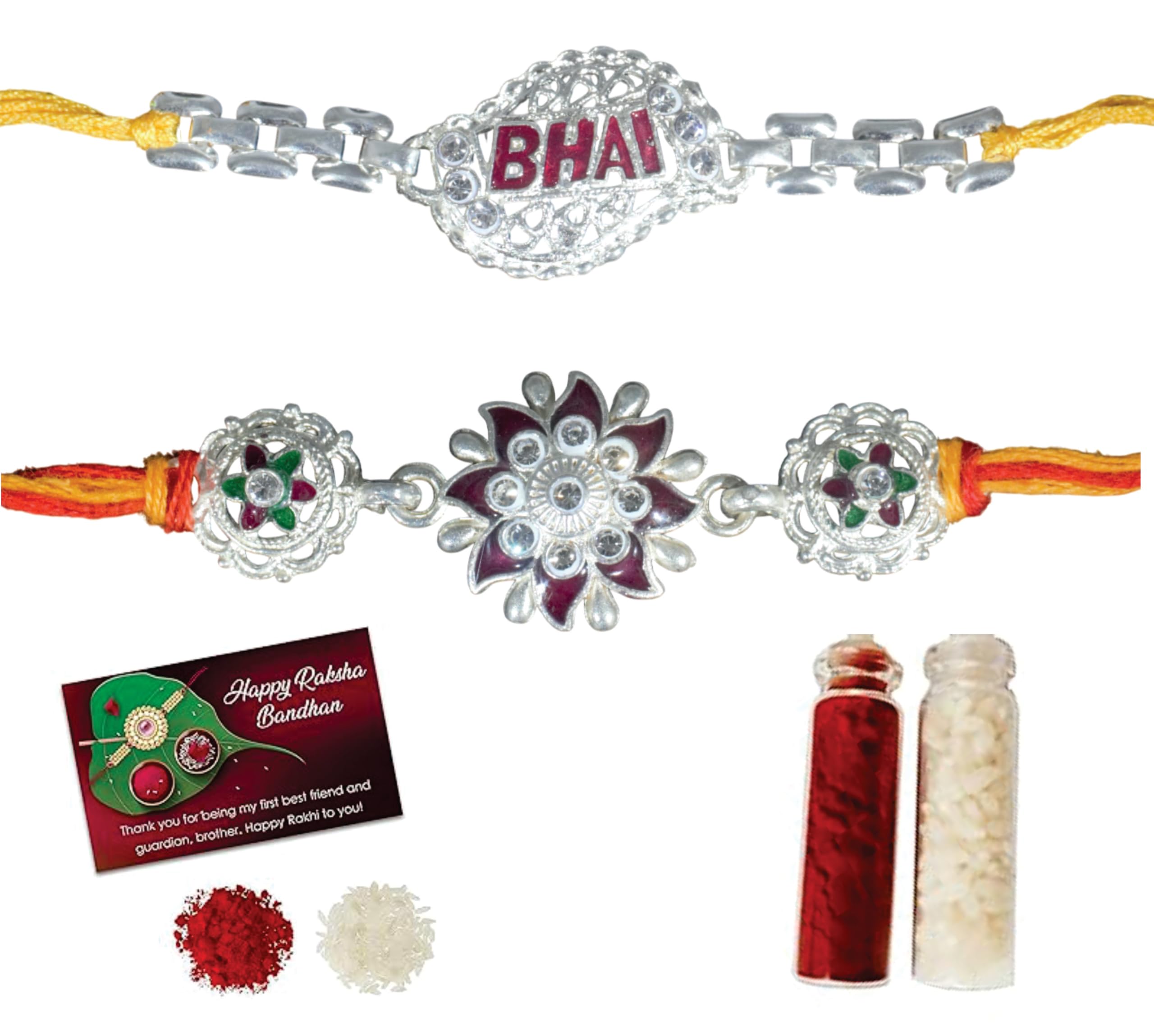 Silver Bhaiya Bhabhi Rakhi Set with Roli Chawal & Greeting Card | Handmade Lumba Rakhi & Bhai Dora for Brother and Sister-in-Law | Traditional Raksha Bandhan Couple Rakhi Gift Set | Pack of 2-image-38