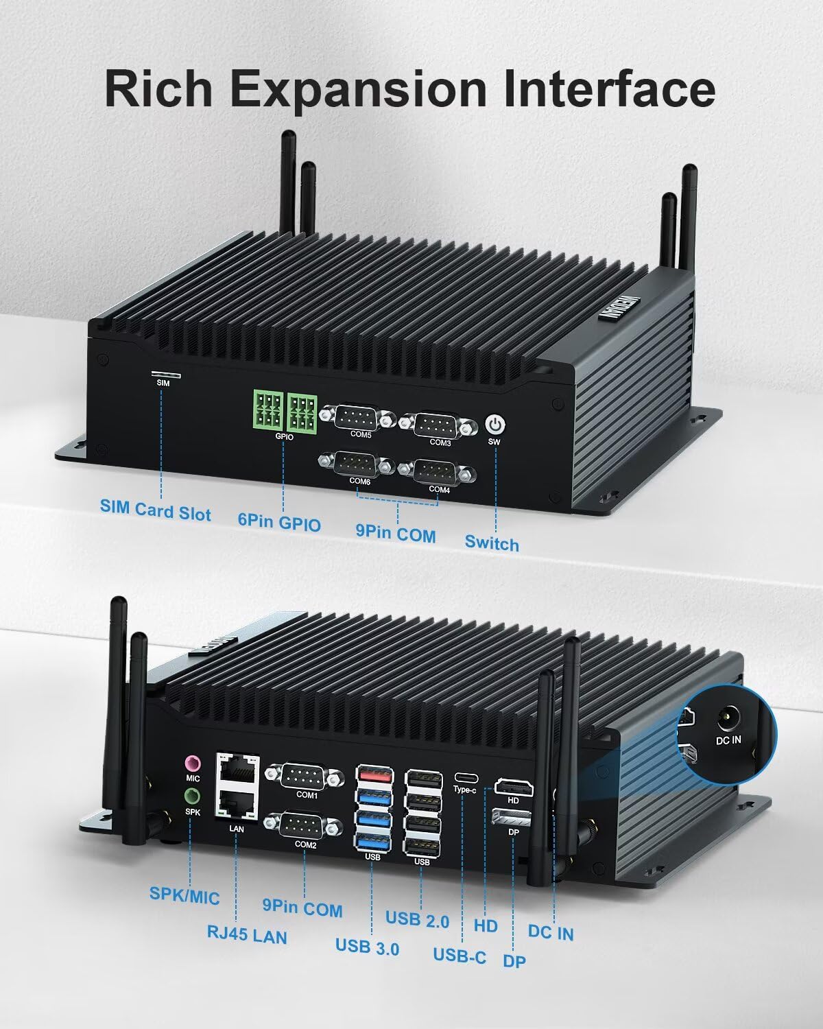 WEIDIAN PC Industriales, Industrial Fanless PC i5 10210U, Mini Computer with 6RS232 COM, Type-C, HD, DP Triple Display, 8USB, 2GPIO, WiFi, BT4.2, Win 11, VESA Mount (16GB DDR4 RAM 512GB SSD)