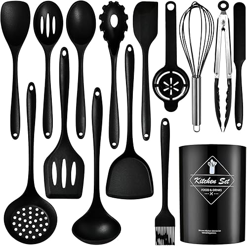 Juego de utensilios de cocina de silicona, juego de 15 utensilios de silicona no tóxicos para cocinar, herramientas de cocina de grado alimenticio