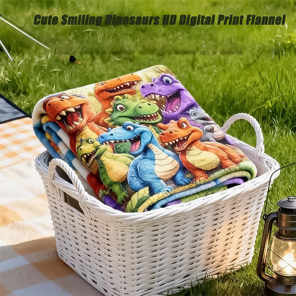 Cute Smiling Dinosaurs HD Digital Print Flannel, Soft Flannel Blanket with Funny Smiling Dinosaurs, for Toddler Adults, Warm Cover for Couch Bed Travel & Nap Decor (59.05 * 39.37in)