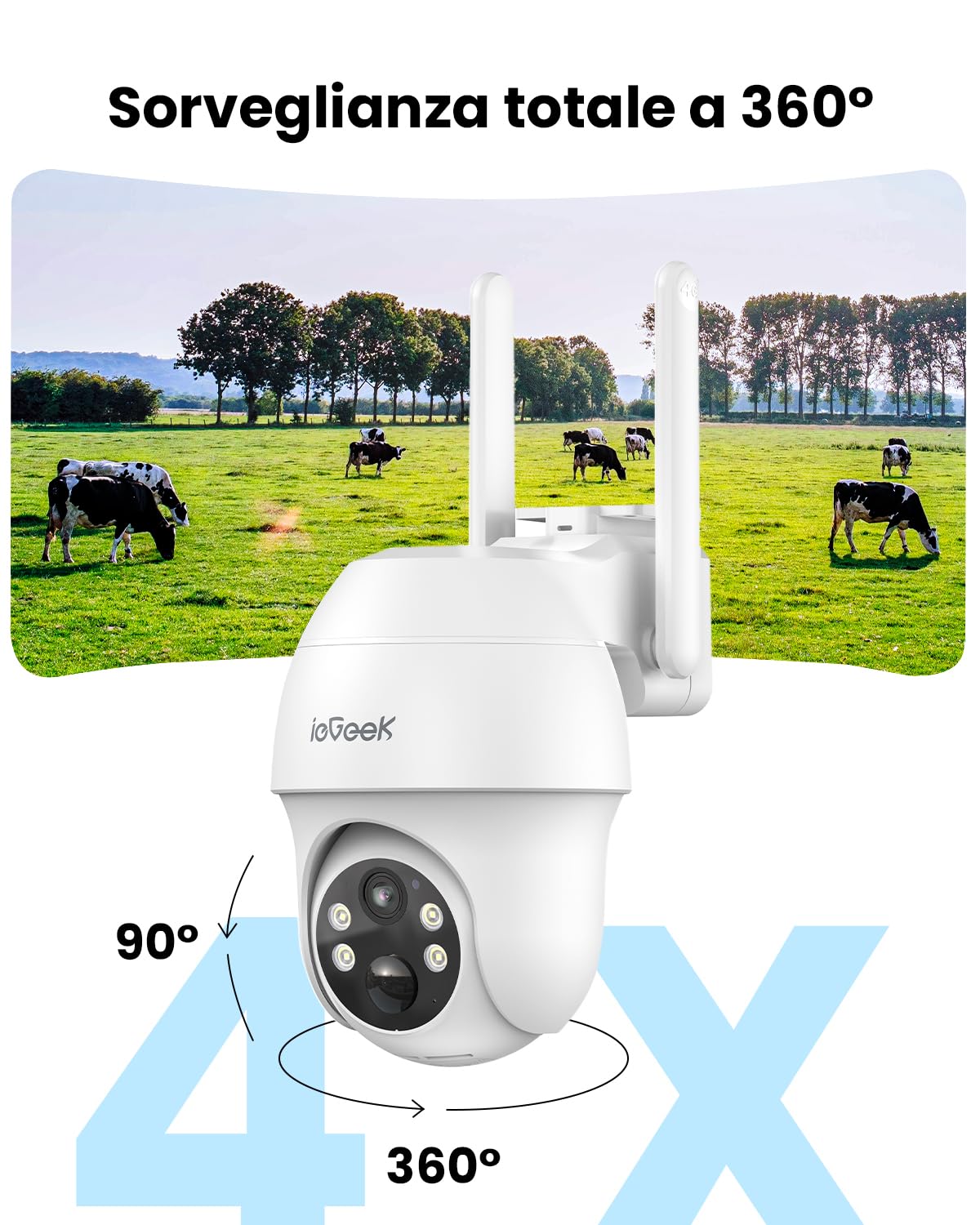 ieGeek 4G Telecamera da Esterno senza Fili,2K 3MP Telecamera Pannello Solare con Sim,Batteria 10000mAh,PTZ 360°,Rilevamento PIR,Visione Notturna a Colori,Chiamata bidirezionale,IP65(Senza WiFi)