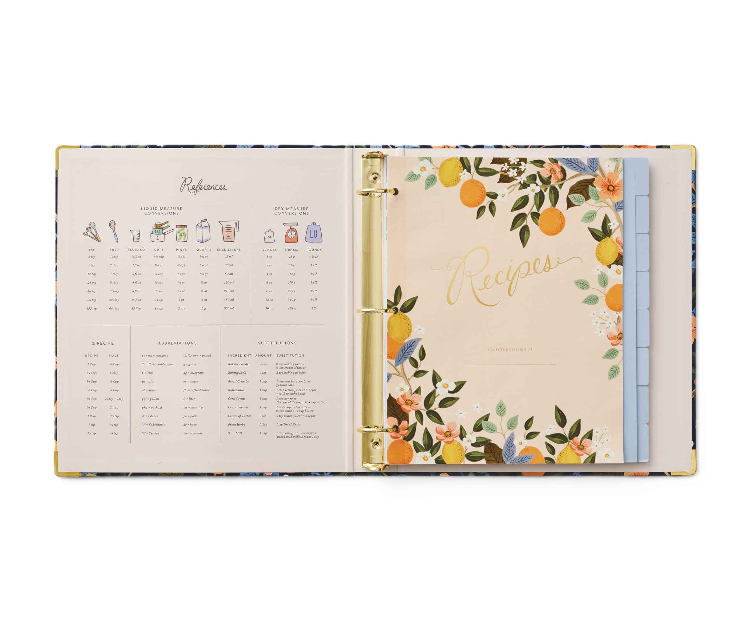 RIFLE PAPER CO. Raccoglitore per ricette Citrus Grove – 16 divisori a schede, 10 buste trasparenti per biglietti di ricette, 2,5 cm di stile a tre anelli, 21,5 cm di lunghezza x 24 cm di larghezza,